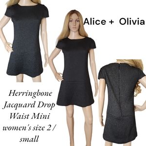 Alice + Olivia Women's Drop Waist black Herringbone Jacquard mini dress 2 Small